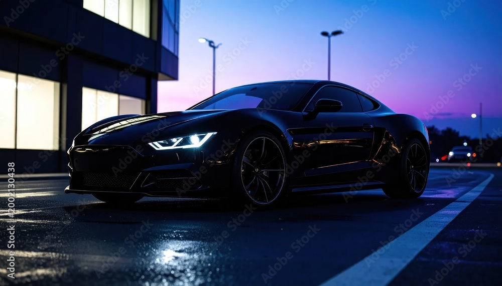 Obraz premium Sleek Black Sports Car Illuminated by City Lights at Dusk.