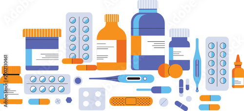 Medical pharmacy collection featuring various medicine bottles pills blister packs thermometer and adhesive bandages for healthcare and pharmaceutical flat design