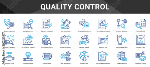QUALITY CONTROL  Icon set collection. Vector icon pack featuring thematic icons for your presentations or business.