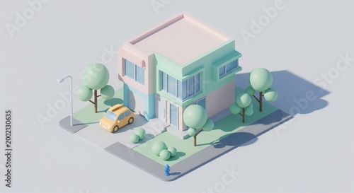 Isometric 3D Render of a Modern Pastel House with Yellow Car