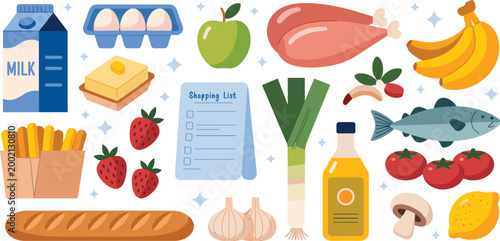Grocery shopping and healthy food vector set featuring milk eggs chicken meat fish vegetables fruits bread and shopping list