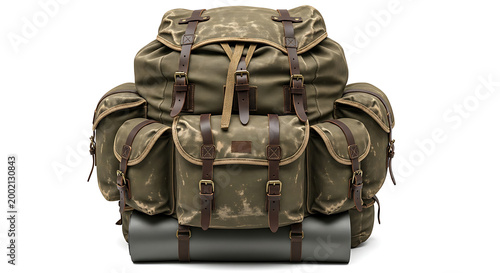 Rugged vintage canvas hiking backpack with attached sleeping mat, isolated on white