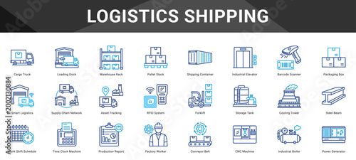 LOGISTICS SHIPPING  Icon set collection. Vector icon pack featuring thematic icons for your presentations or business.