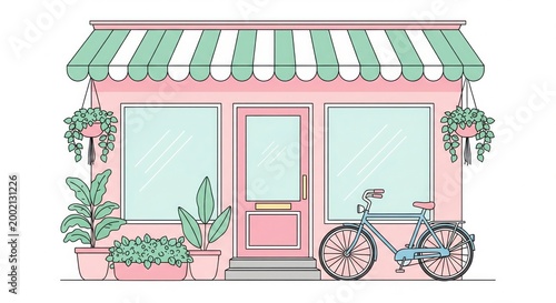 Flat Illustration of Cute Pink Storefront with Bicycle and Plants