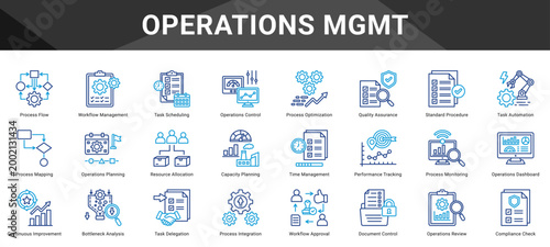 OPERATIONS MGMT  Icon set collection. Vector icon pack featuring thematic icons for your presentations or business.