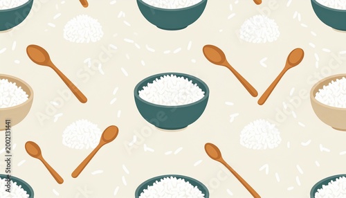Seamless Rice Bowl and Spoon Illustration Pattern Minimal Food Background