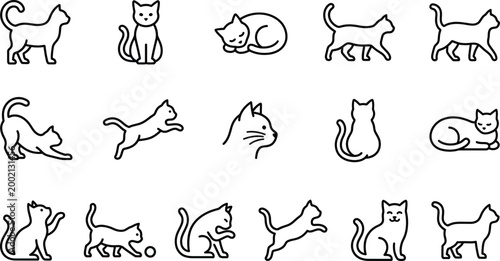 Foto Set of 15 simple outline icons of cats in various poses isolated on transparent background