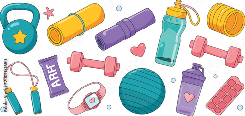 Fitness equipment vector set featuring dumbbells kettlebell yoga mat skipping rope water bottle and smartwatch for gym workout training
