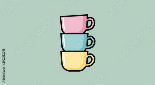 Stacked Pastel Coffee Cups Illustration on Green Background