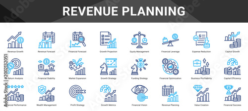REVENUE PLANNING  Icon set collection. Vector icon pack featuring thematic icons for your presentations or business.
