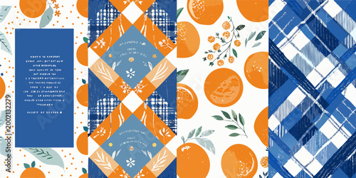 botanical citrus orange pattern with blue plaid and floral elements
