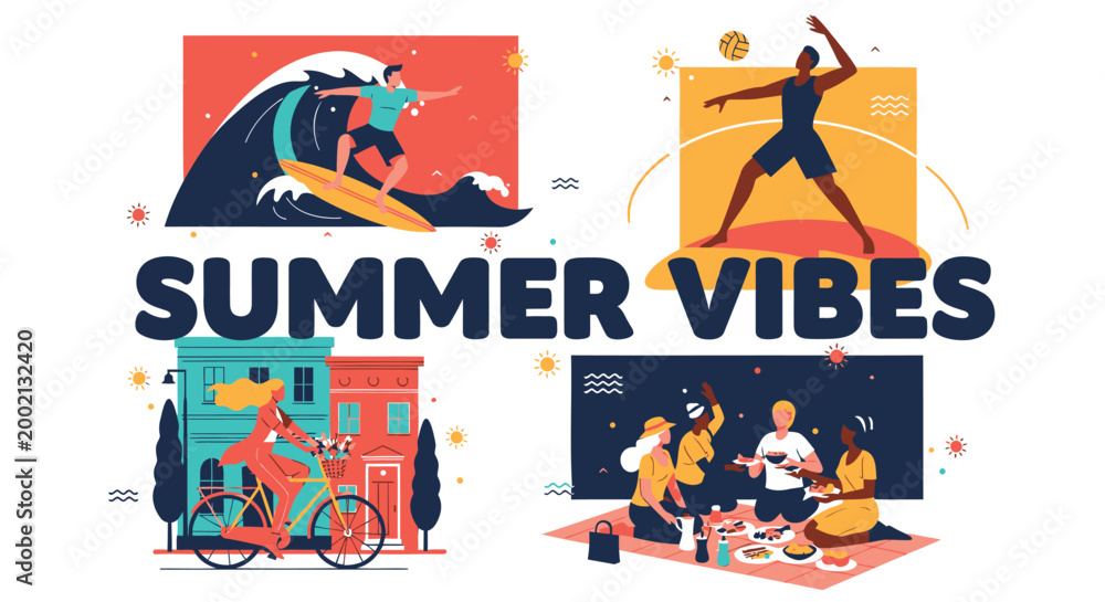Obraz premium Summer Vibes, Beach, Vacation, Lifestyle Icons, Vector Illustrations