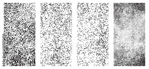 A collection of four distinct abstract grunge vector illustration panels featuring rough speckled textures and weathered distressed artistic design patterns