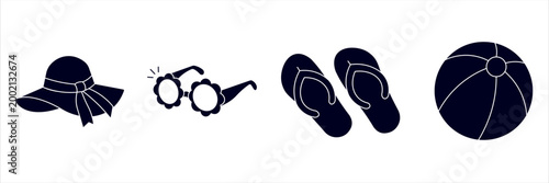 Summer Beach Silhouette Icon Set with Sun Hat Sunglasses Flip Flops and Ball