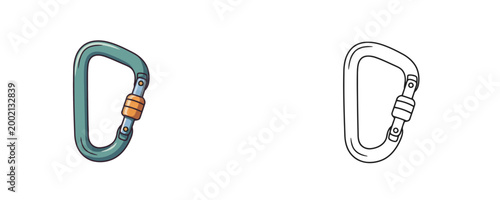 Colored and black outline climbing carabiner illustrations in cartoon and line art styles with teal metal body and orange screw lock used for gear on white background
