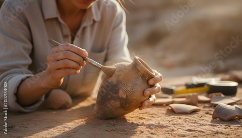 Close-up of a professional female archaeologist brushing a dusty clay artifact at an outdoor excavation site for a historical discovery and preservation concept