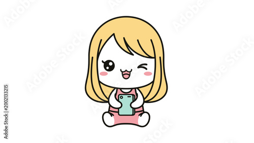 Kawaii chibi girl vector illustration, cute blonde anime character winking and holding a smartphone, adorable cartoon mascot for social media apps