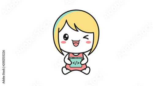 Kawaii girl programmer vector illustration, cute female developer mascot winking, cartoon software engineer character holding tablet with code