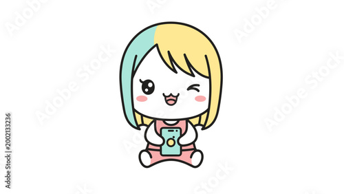 Kawaii anime girl vector illustration, cute chibi character with pastel hair holding smartphone, adorable winking cartoon mascot for social media
