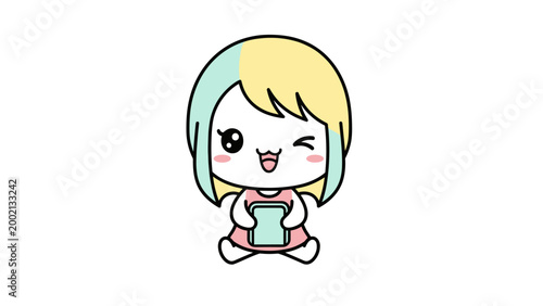 Kawaii anime girl vector illustration, cute chibi character with pastel hair holding tablet, winking cartoon girl mascot for gaming and apps