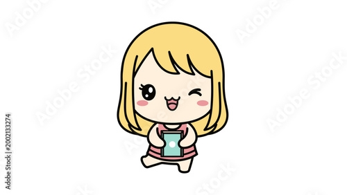 Kawaii anime girl vector illustration, cute blonde chibi character holding a smartphone, happy winking cartoon girl with pink dress