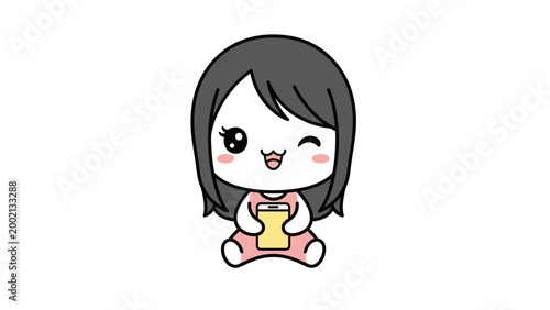 Kawaii anime girl vector illustration, cute chibi character winking and holding a smartphone, adorable cartoon girl in pink outfit using mobile phone