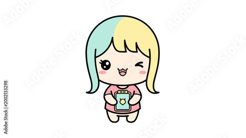 Kawaii anime girl vector illustration, cute chibi character with pastel hair holding a tablet, winking cartoon mascot for gaming and social media