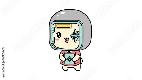 Kawaii safe character vector, cute bank vault mascot holding a credit card, adorable financial security cartoon illustration for fintech apps