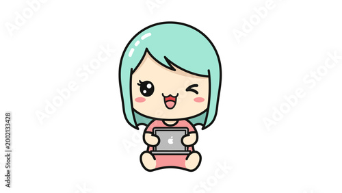 Kawaii chibi girl with mint green hair using a laptop, cute anime character winking, happy female freelancer vector illustration on white background