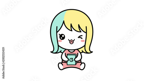 Kawaii anime girl vector illustration, cute chibi character with pastel hair holding a tablet, winking cartoon girl mascot for gaming and apps
