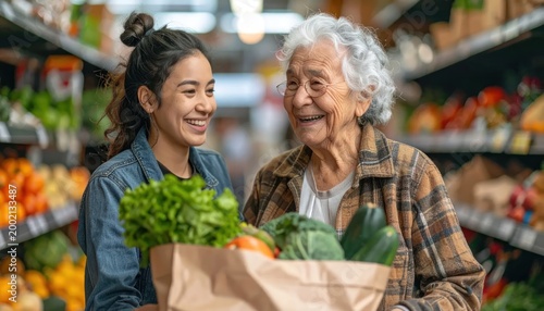 Smiling Asian granddaughter and grandmother shopping for fresh groceries together in a supermarket aisle.