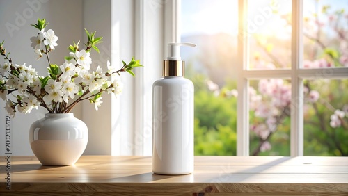 White Lotion Bottle with Gold Accent on Wooden Table Beside Blooming Cherry Blossoms in Sunlight