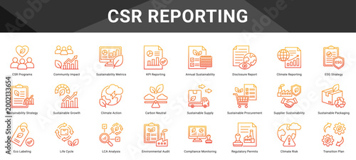 CSR REPORTING  Icon set collection. Vector icon pack featuring thematic icons for your presentations or business.