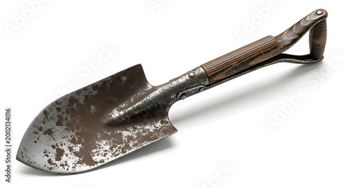 Isolated vintage shovel with wooden handle on a white background