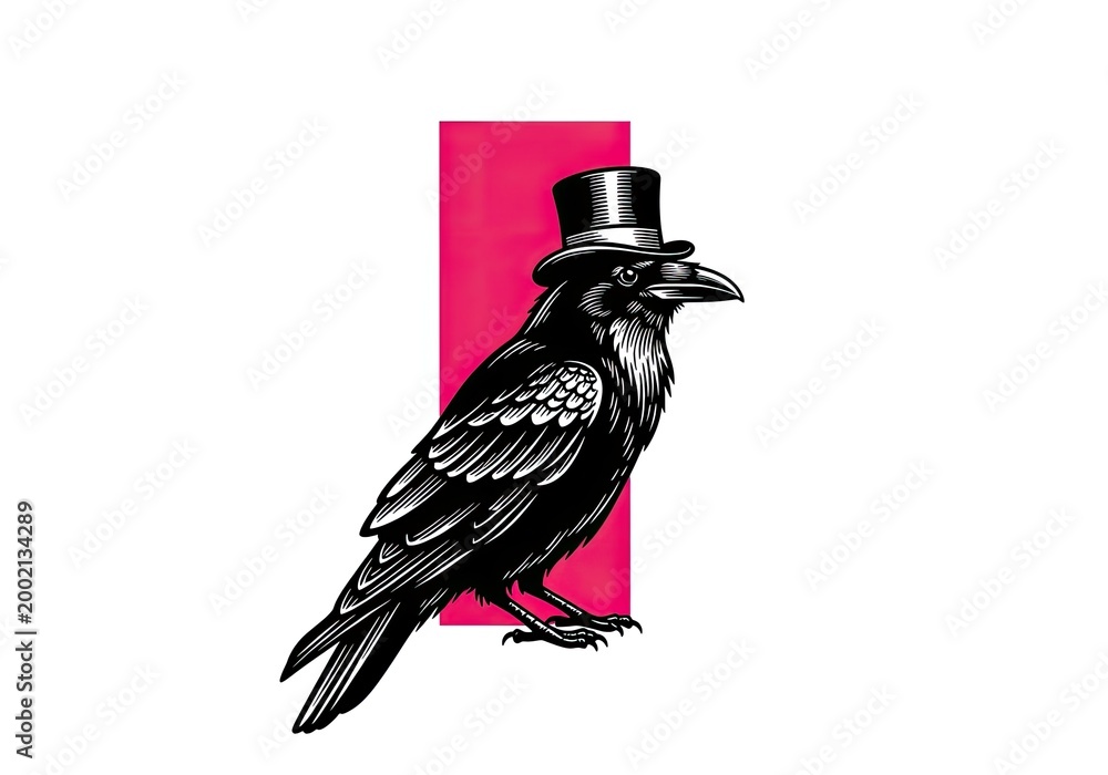 Fototapeta premium Black raven wearing top hat illustration on pink background