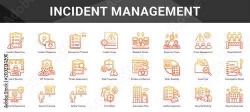 INCIDENT MANAGEMENT  Icon set collection. Vector icon pack featuring thematic icons for your presentations or business.