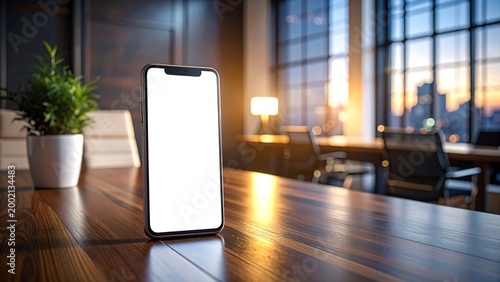 Modern Office Workspace with Smartphone Mockup on Wooden Desk and Cityscape View at Sunset
