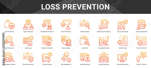 LOSS PREVENTION  Icon set collection. Vector icon pack featuring thematic icons for your presentations or business.