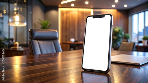 Modern Office Interior with Smartphone on Desk and Leather Chair in Soft Warm Light