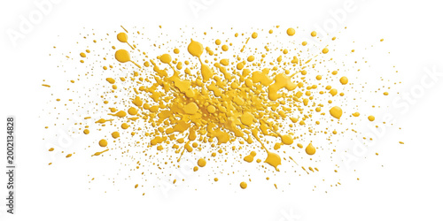 Bright yellow paint splatter isolated on a white background featuring irregular droplets and radial streaks of liquid pigment in a dynamic explosion pattern with varying sizes of circular spots