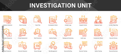 INVESTIGATION UNIT  Icon set collection. Vector icon pack featuring thematic icons for your presentations or business.
