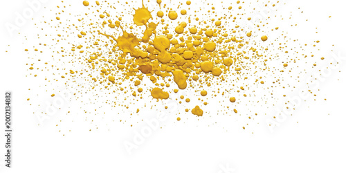 Bright yellow paint splatter isolated on a plain white background featuring various droplet sizes and irregular shapes created by liquid pigment splashed across a flat surface