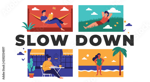 Relaxation icons, slow living illustrations, mindfulness graphics, vector set