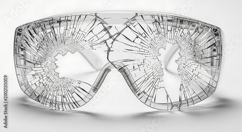 Isolated cracked safety goggles on white background, symbolizing broken vision