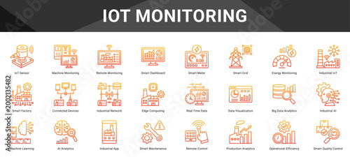 IOT MONITORING  Icon set collection. Vector icon pack featuring thematic icons for your presentations or business.
