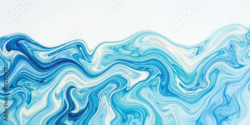 Abstract liquid marble texture with swirling waves of blue cyan and white paint blending together in a fluid motion pattern against a plain white background