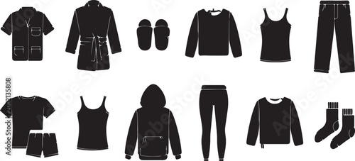 Assortment of black silhouette icons for sleepwear and loungewear