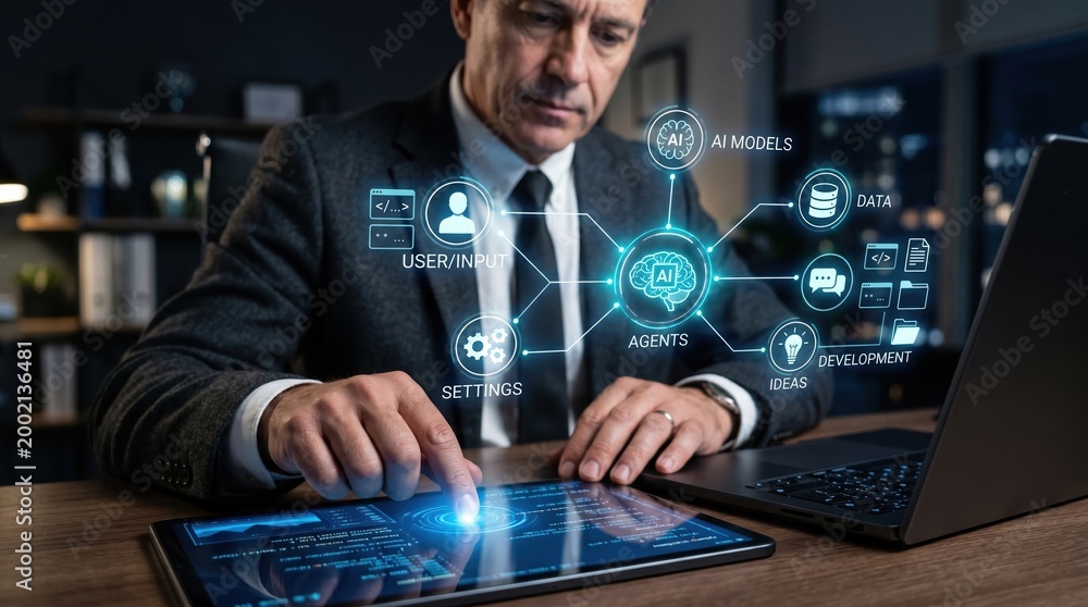 Fototapeta premium Businessman interacting with AI and digital interface for business insights artificial intelligence businessman technology business analytics interface information strategy management