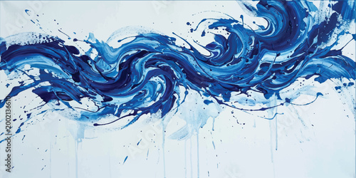 Abstract painting with swirling blue and white acrylic paint creating a wave motion effect with paint splatters and drips on a white canvas background in a horizontal orientation