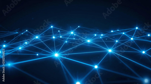 interconnected network of glowing blue lines and dots on a dark background